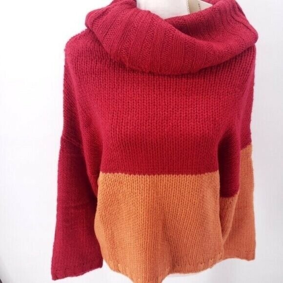 PEPALOVES Colorblock Sweater Turtleneck Red Orange Oversized - Picture 2 of 7